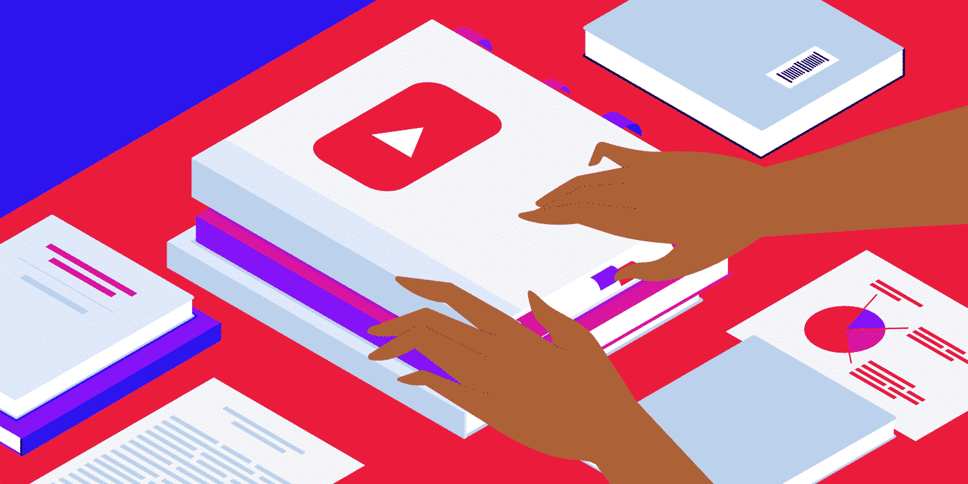 Tutoriels vidéo IA sur YouTube. Icône YouTube sur livres, mains feuilletant. Apprendre l'IA en ligne.