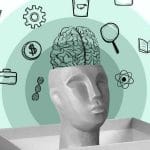 IA et psychologie : Tête ouverte avec cerveau, symboles de pensée. L'intelligence artificielle comme nouveau psy ?