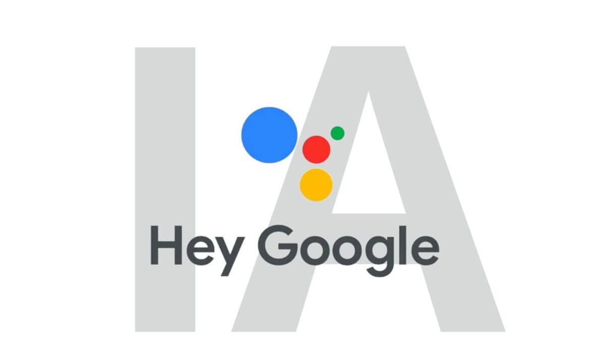 Logo Google Assistant IA : Hey Google et lettres IA en gris. Intelligence artificielle et recherche Google.