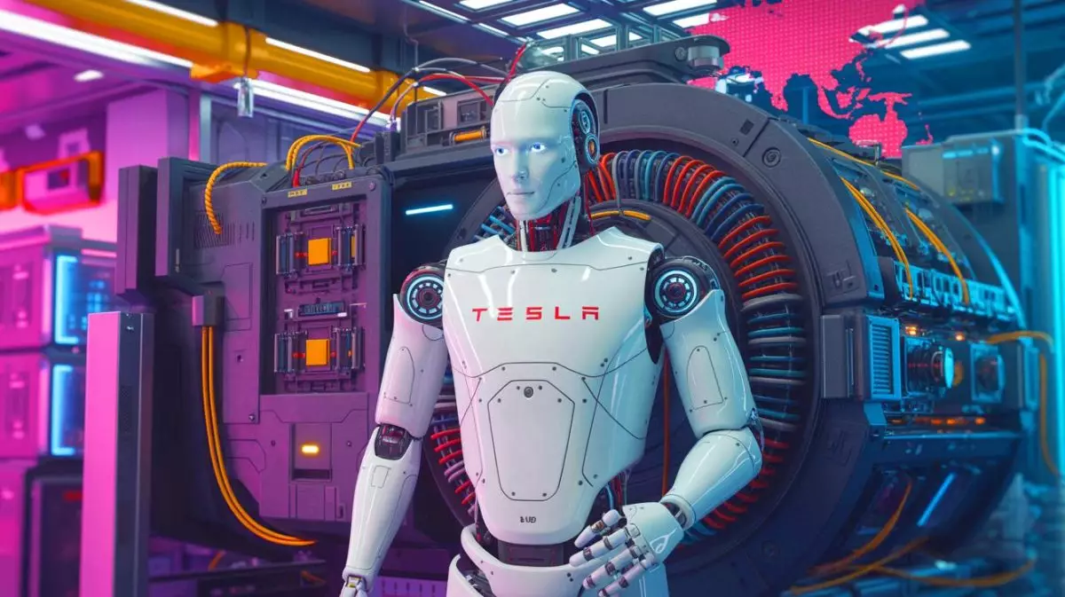 Robot Tesla IA dans un labo futuriste. Intelligence artificielle et robotique avancée.