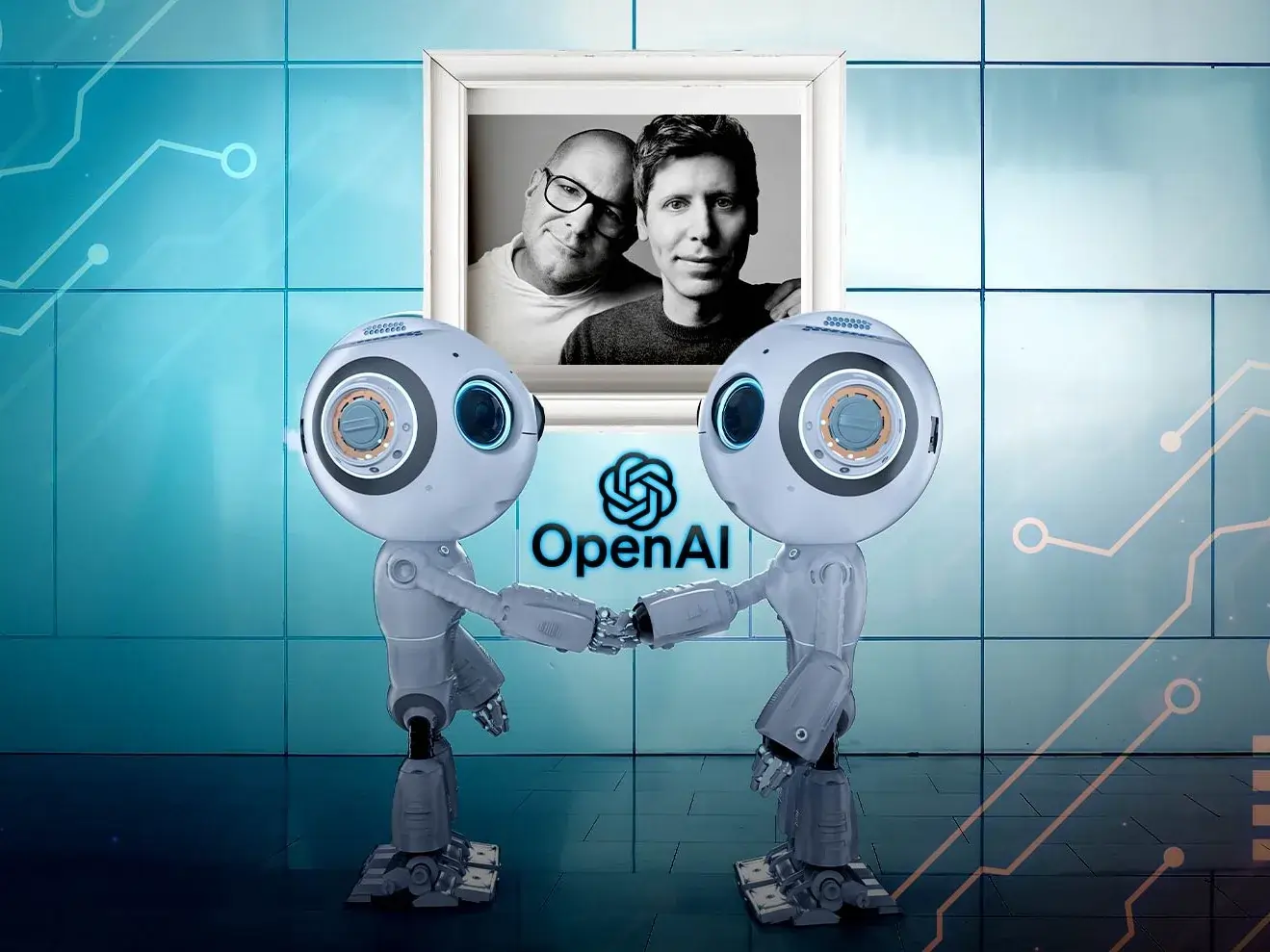 Robots IA se serrant la main devant logo OpenAI et portrait de Jony Ive. Claude 4, VEO3 : l'IA en révolution.