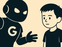 Gemini AI Google and child. Illustration of a Google robot talking to a child. Risks and limits of AI for young people.