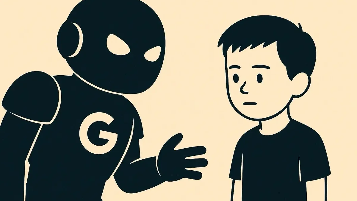Gemini AI Google and child. Illustration of a Google robot talking to a child. Risks and limits of AI for young people.