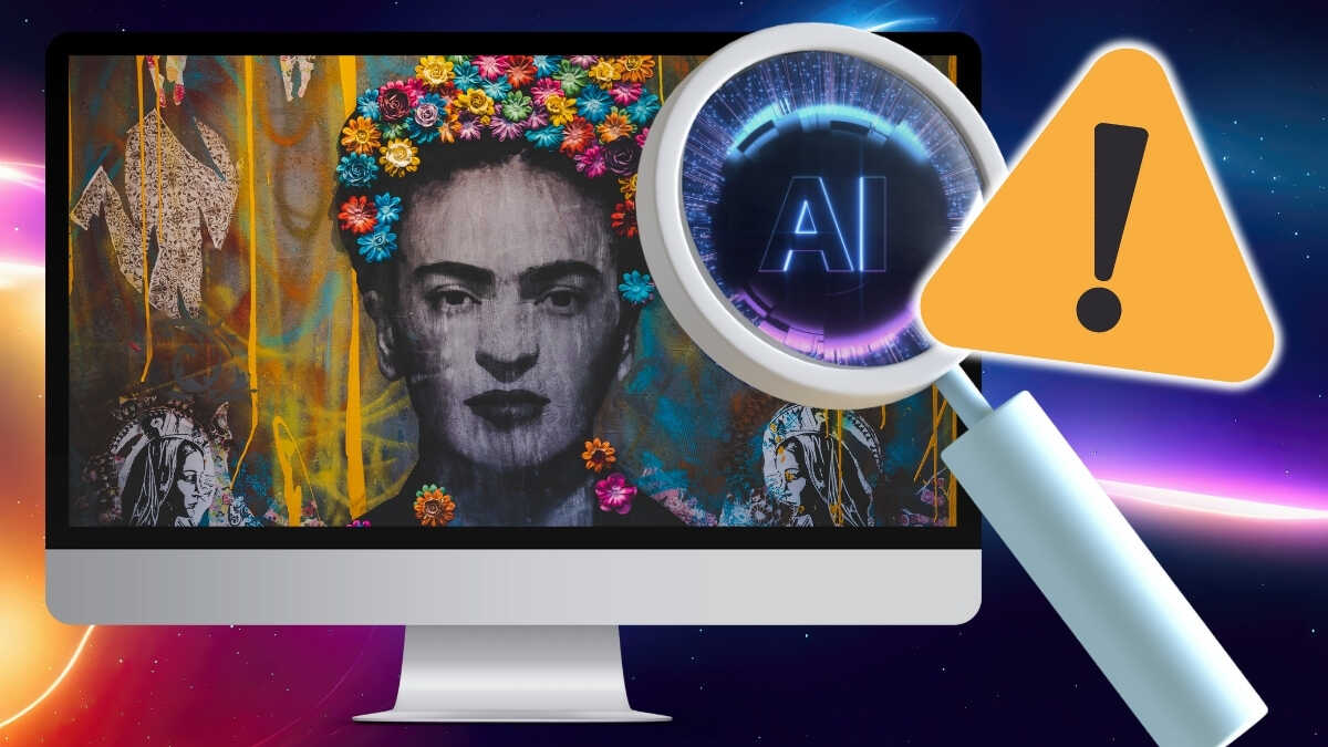 AI: magnifying glass on retouched face. AI image detection, false visual. #IA #image #detection