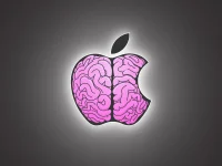 Logo Apple Intelligence : cerveau rose dans une pomme. IA Apple 2025 vs Google.