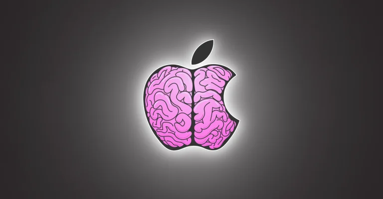 Logo Apple Intelligence : cerveau rose dans une pomme. IA Apple 2025 vs Google.