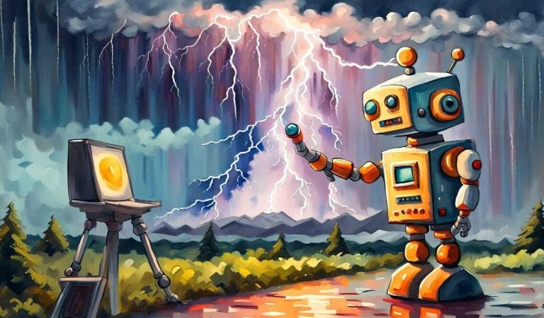 Prévisions météo IA : Robot face à l'orage, éclair et pluie. Illustration intelligence artificielle.
