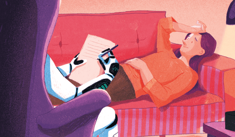 Illustration : Femme sur canapé, chatbot IA psychologue prenant des notes. Dépendance émotionnelle et intelligence artificielle.