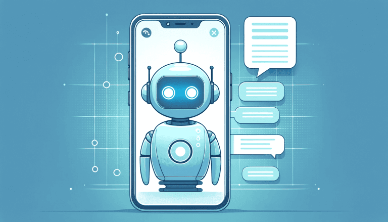 Assistant IA sur mesure. Robot conversationnel dans un smartphone avec bulles de dialogue.