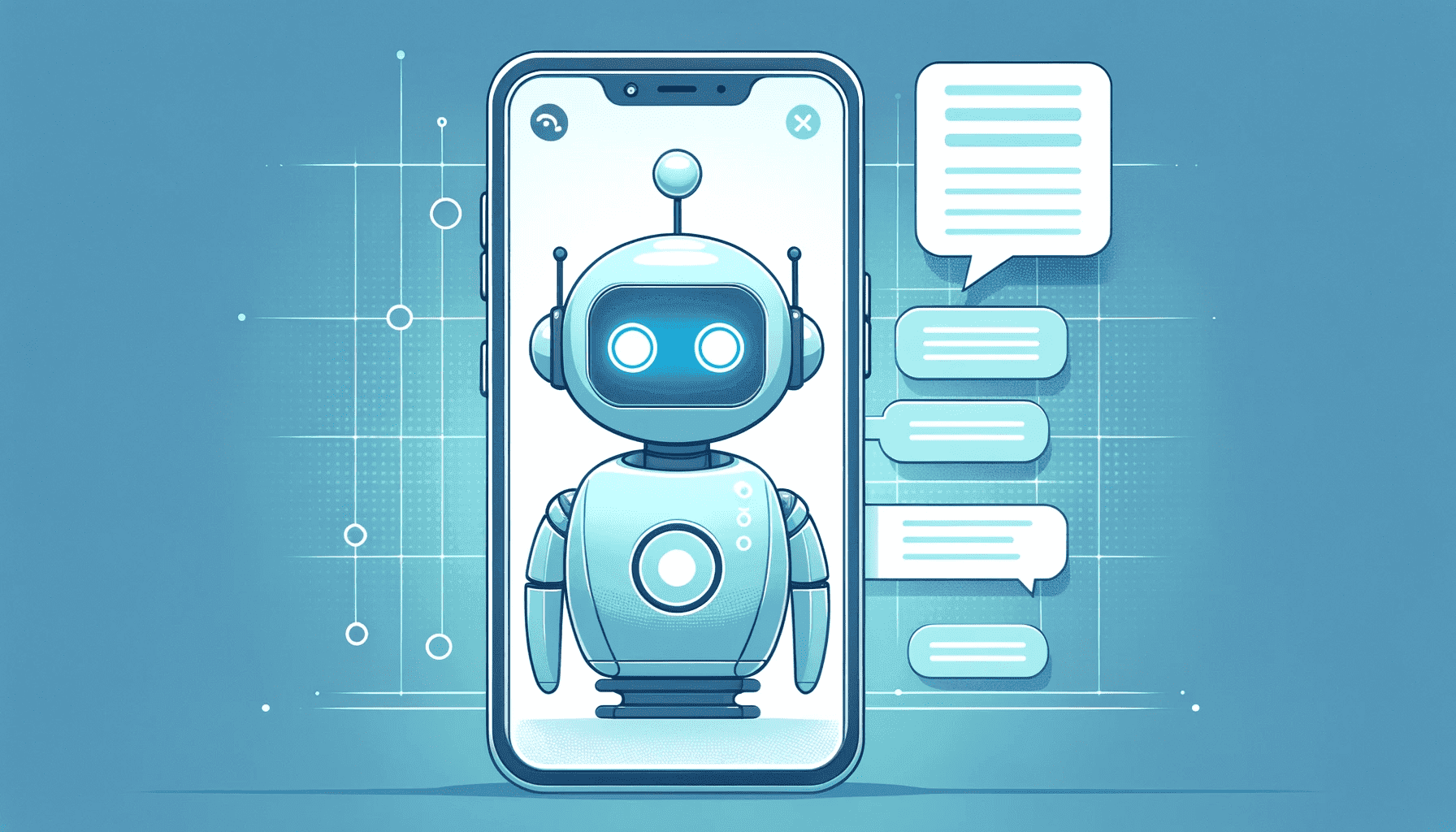 Assistant IA sur mesure. Robot conversationnel dans un smartphone avec bulles de dialogue.