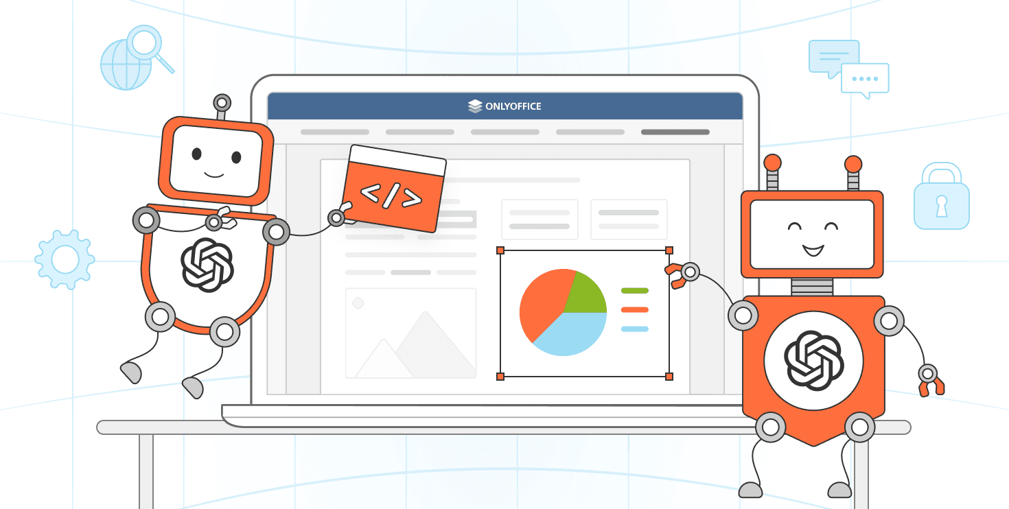 IA et vie quotidienne : robots assistant un ordinateur OnlyOffice avec code et graphiques.