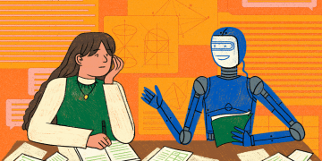 Illustration IA et rĂ©visions du Bac. Ătudiante et robot discutent, entourĂ©s de notes et schĂ©mas. ChatGPT aide aux examens.