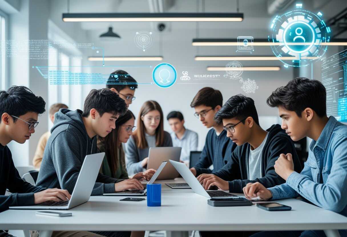 Ătudiants utilisant ChatGPT et WikipĂ©dia sur des ordinateurs portables. Travail de groupe, IA, Ă©ducation.