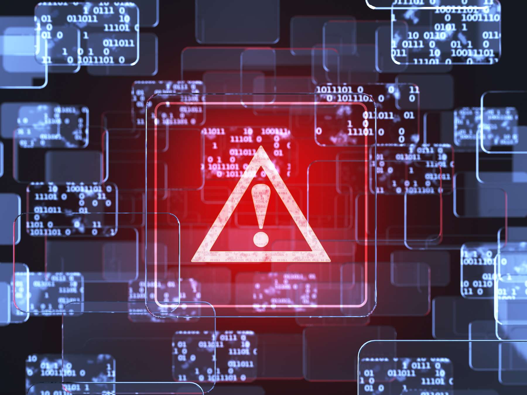 AI danger and future progress: red warning symbol on a binary code background. Risks and the future of artificial intelligence.