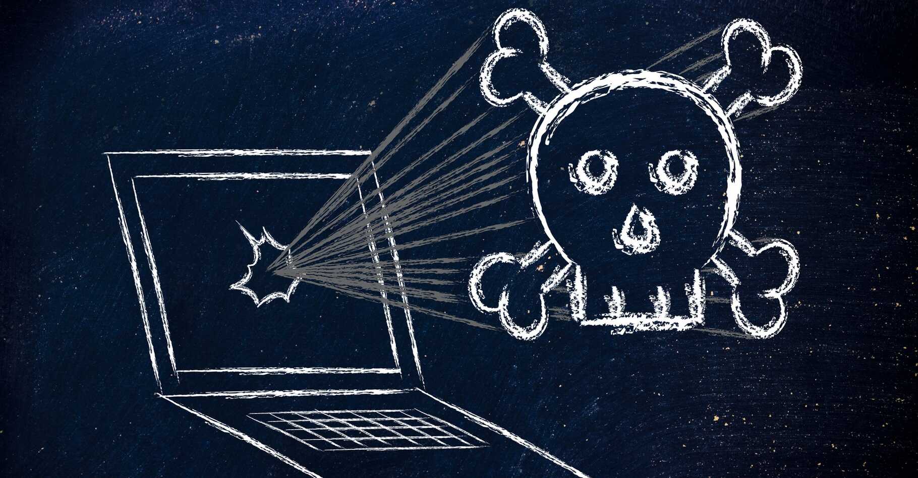 AI danger: computer attacked, skull. Risks and threats of artificial intelligence.