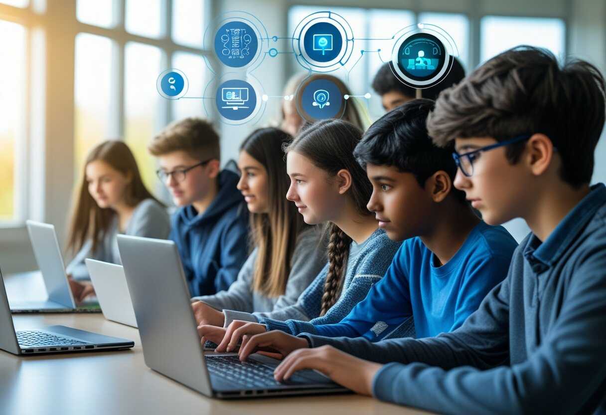 ĂlĂšves utilisant ChatGPT et WikipĂ©dia sur des ordinateurs portables. Intelligence artificielle, Ă©ducation.