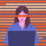 AI Detector: Illustration of a woman in front of a computer, text in the background. False positives of AI tools.