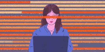 Détecteur IA : Illustration d'une femme devant un ordinateur, texte en arrière-plan. Faux positifs des outils IA.