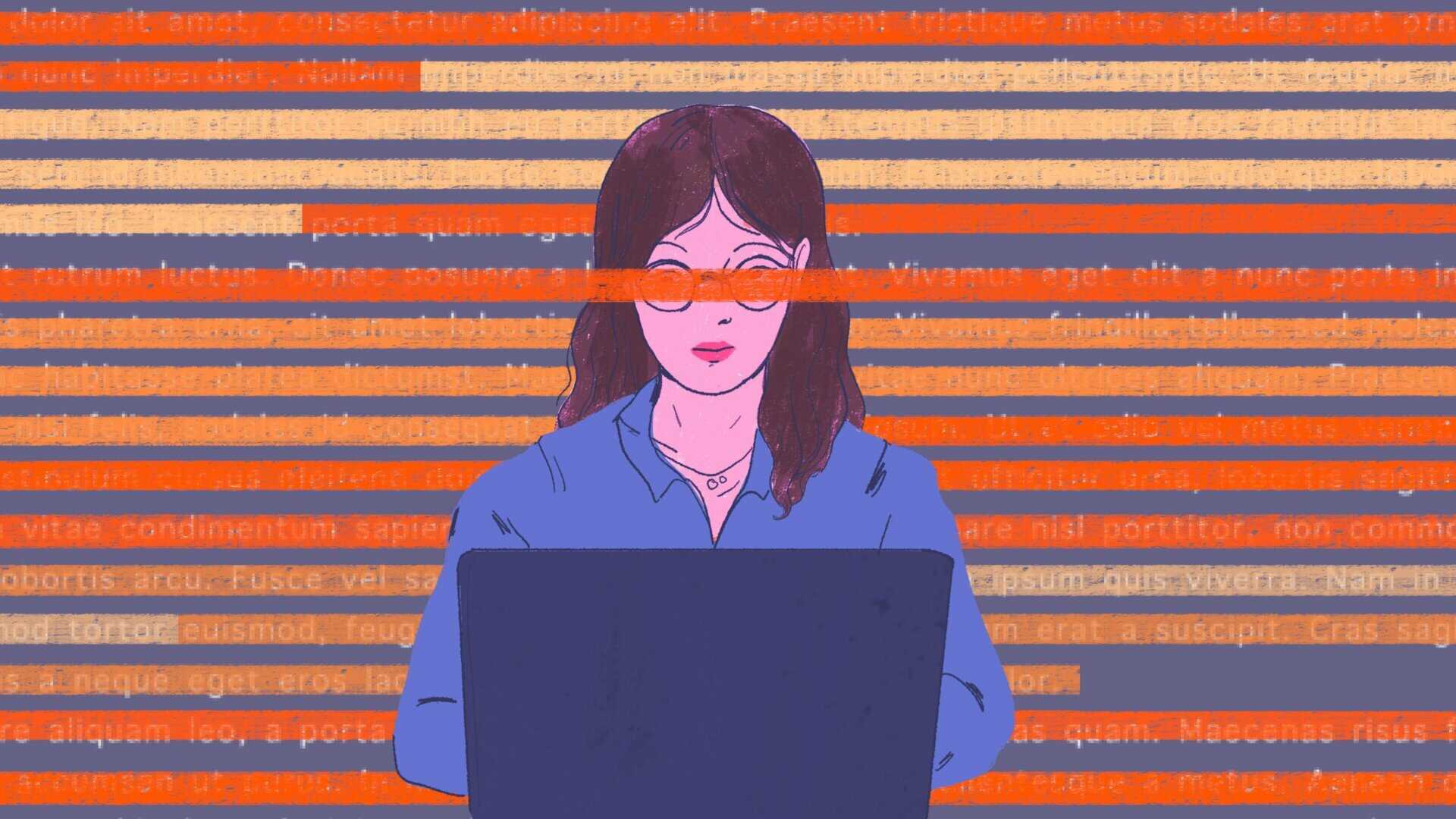 Détecteur IA : Illustration d'une femme devant un ordinateur, texte en arrière-plan. Faux positifs des outils IA.