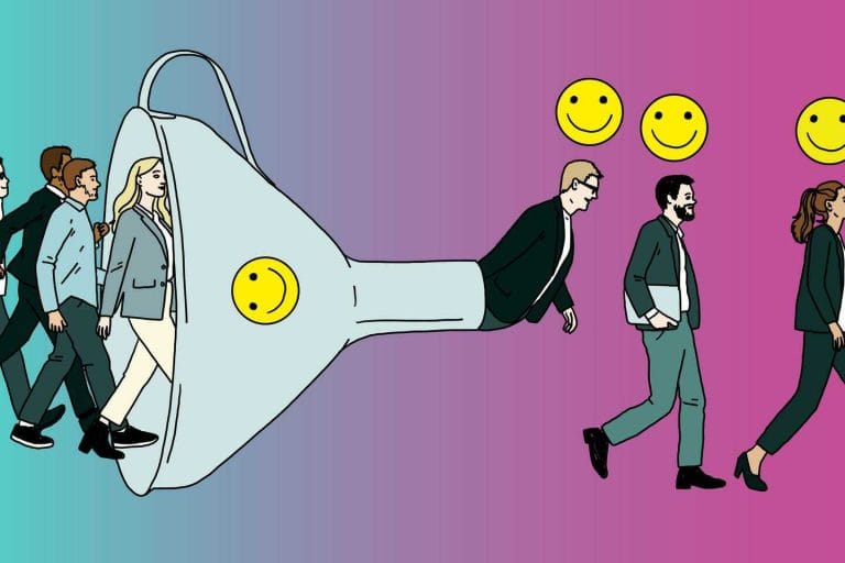 AI training: People entering a funnel, symbolizing learning and evolution with artificial intelligence.