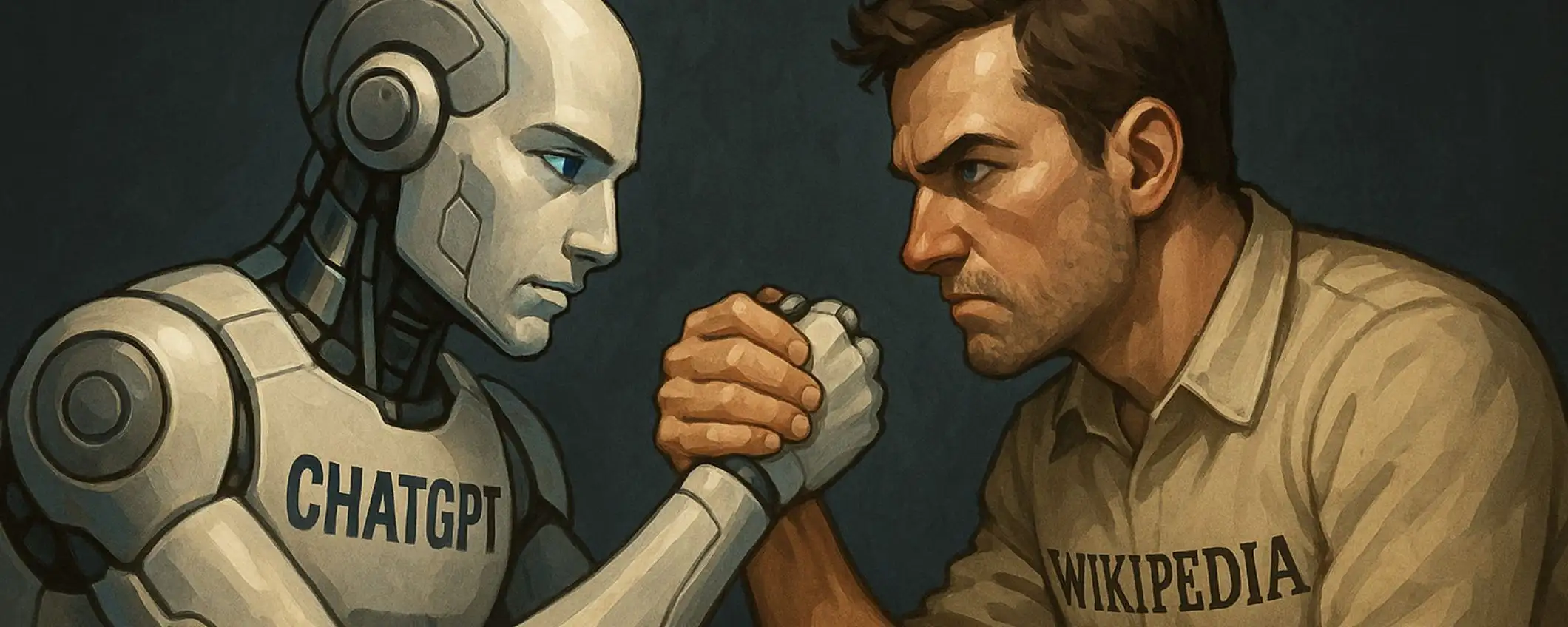 ChatGPT vs Wikipédia : bras de fer. IA ChatGPT face à un homme, symbole de Wikipédia. Génération Z, éducation, savoir.
