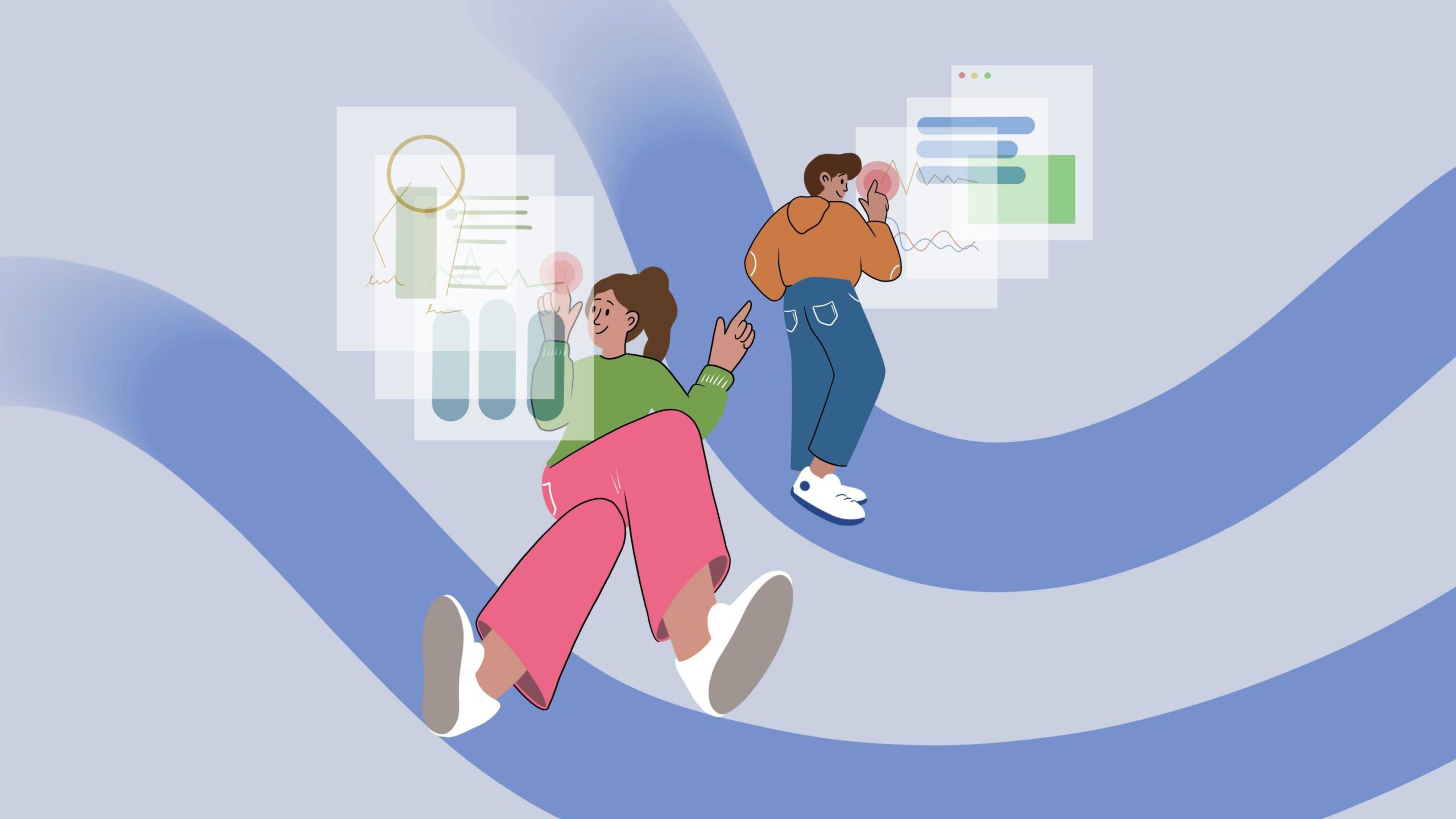 AI and e-learning: Illustration of people interacting with virtual data. AI-enhanced learning.