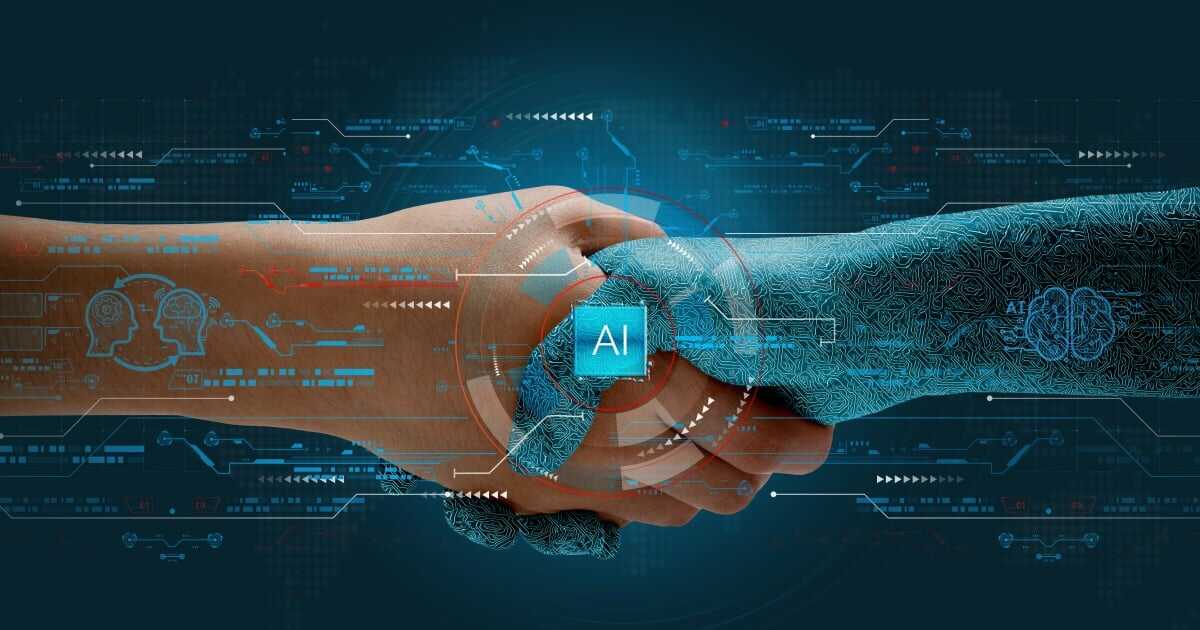 AI handshake. Artificial intelligence and human, collaboration, technology. Concept of complacent AI.