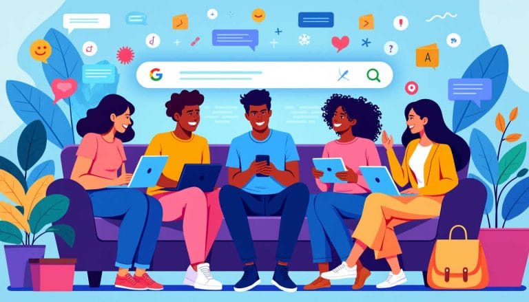 Young people and AI: group illustration using ChatGPT on computers and phones. The future of artificial intelligence.