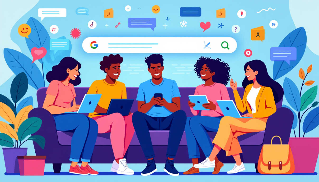 Young people and AI: group illustration using ChatGPT on computers and phones. The future of artificial intelligence.