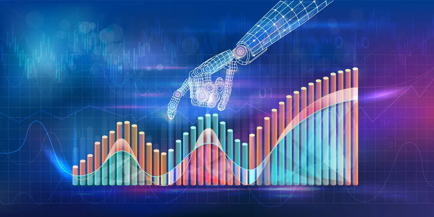 Marché du travail IA en expansion. Graphique de croissance, main robotique. Opportunités d'emploi 2025.