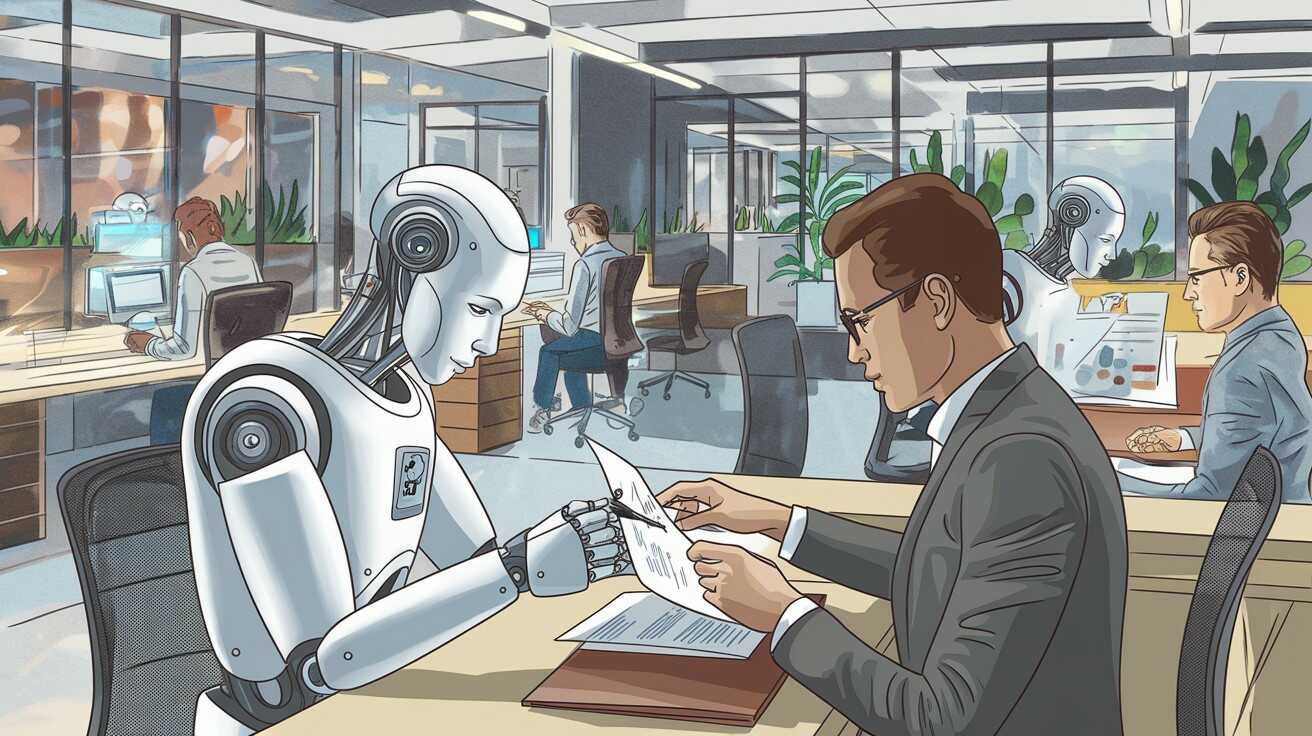 IA et marché de l'emploi en 2025. Illustration d'un robot et d'un homme travaillant ensemble dans un bureau.