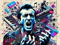IA et musique : Illustration d'un chanteur entouré d'éléments musicaux et de logos d'applications.