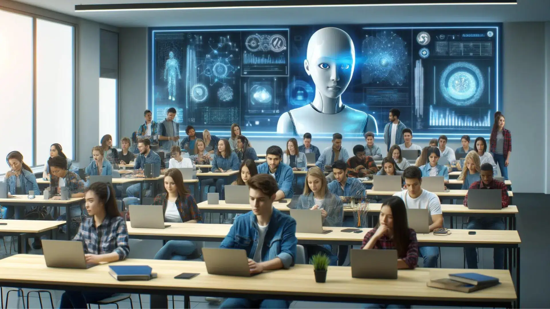 Young people and AI in 2025: classroom with students using laptops, AI robot on screen.