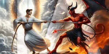 AI cybersecurity: Angel vs Demon pulling a rope. Artificial intelligence versus hackers.