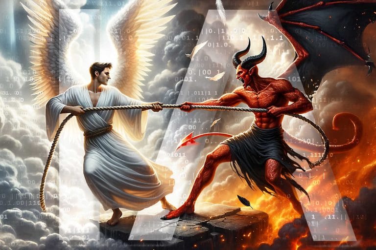 IA cybersécurité : Ange vs Démon tirant une corde. Lutte intelligence artificielle contre hackers.