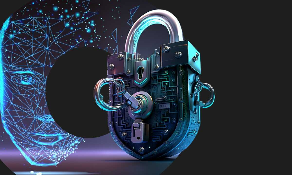 IA et cybersécurité : visage IA et cadenas high-tech. Protection des données, intelligence artificielle.