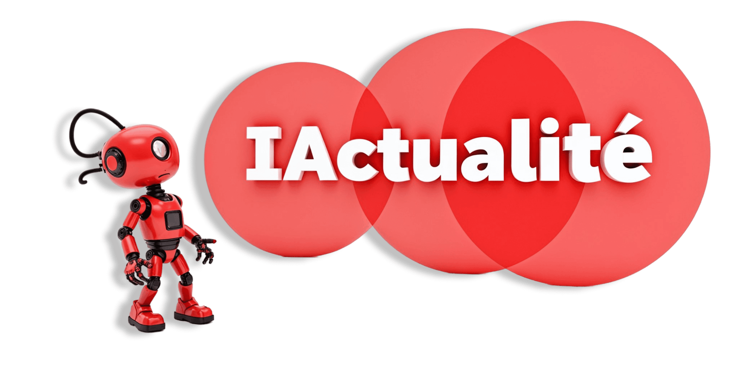 Bannière IActualité : Robot rouge et texte IActualité sur fond rouge. Actualités IA, intelligence artificielle.
