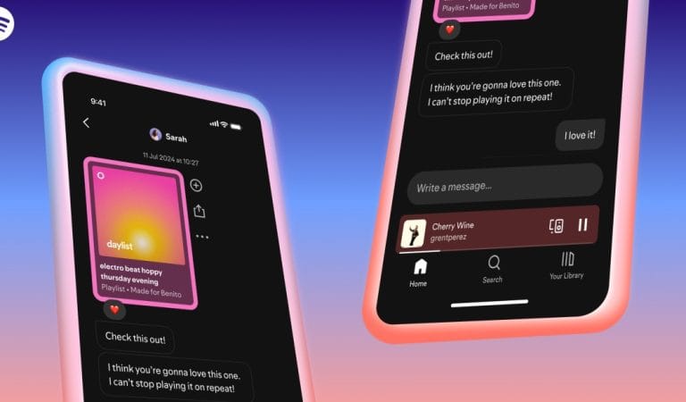 Interface Spotify sur mobile. Partage de playlist, musique. Application de streaming musical.
