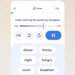 Google language learning. App interface with words: dinner, thirsty, night, hungry, lunch, breakfast.