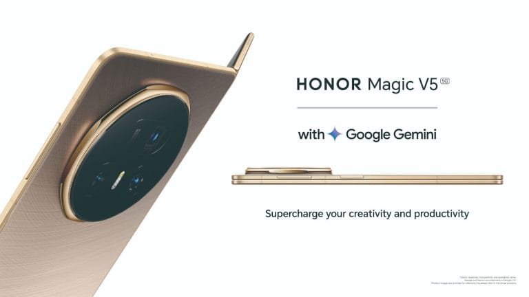HONOR Magic V5, smartphone pliable avec Google Gemini. Design élégant et productivité mobile.
