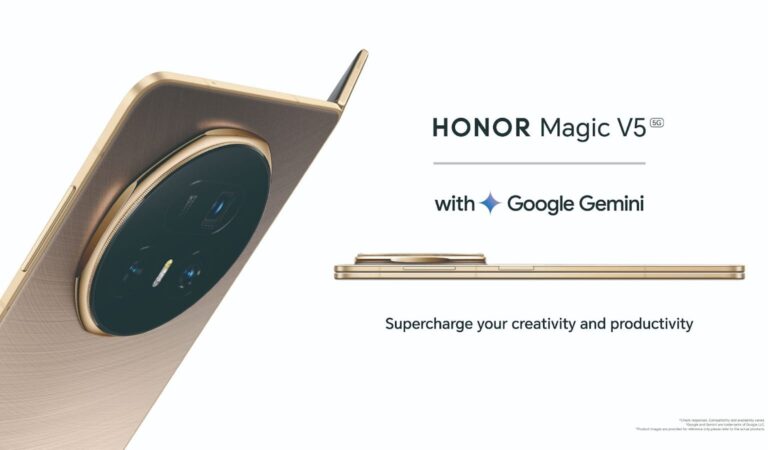 HONOR Magic V5, foldable smartphone with Google Gemini. Elegant design and mobile productivity.