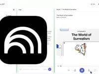 Interface NotebookLM : IA pour l'histoire de l'art, le surréalisme. Logo NotebookLM.