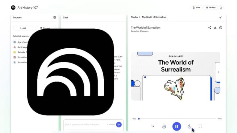 NotebookLM Interface: AI for art history, surrealism. NotebookLM logo.