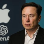 Elon Musk, Apple and OpenAI: The AI war. Portrait of Musk, Apple and OpenAI logos in the background.