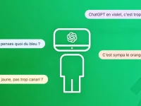 Personnalisation ChatGPT : Bulles de chat colorées (bleu, violet, orange, jaune) pour une expérience utilisateur unique.
