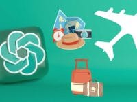 ChatGPT et voyage : Illustration d'un avion, valises, carte, et logo ChatGPT. Erreur IA voyage.