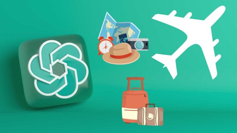 ChatGPT et voyage : Illustration d'un avion, valises, carte, et logo ChatGPT. Erreur IA voyage.