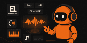 IA musique : Robot avec casque, ElevenLabs. Générateur de musique IA, styles pop, lo-fi, cinematic.