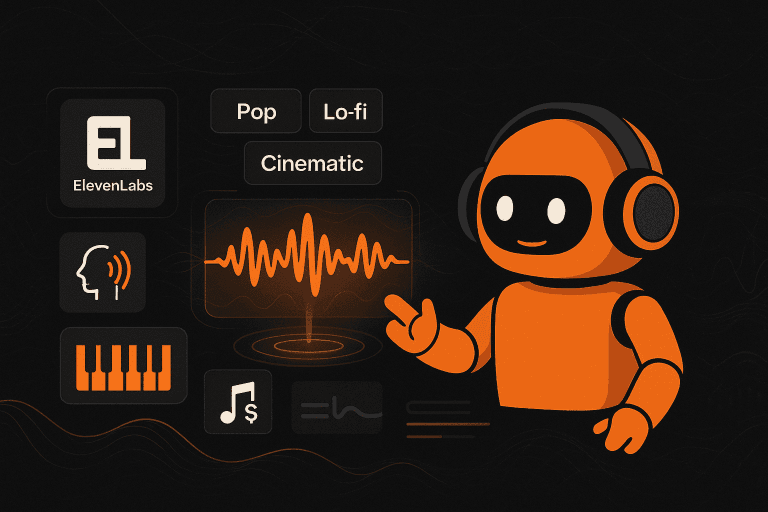 IA musique : Robot avec casque, ElevenLabs. Générateur de musique IA, styles pop, lo-fi, cinematic.