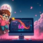 Fairytale child defying AI on screen. Puzzle game, human creativity.